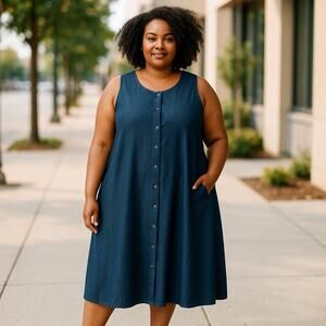 Women’s  Shamale Cotton A Line Cottagecore Midi Button Down Dress XL Indigo